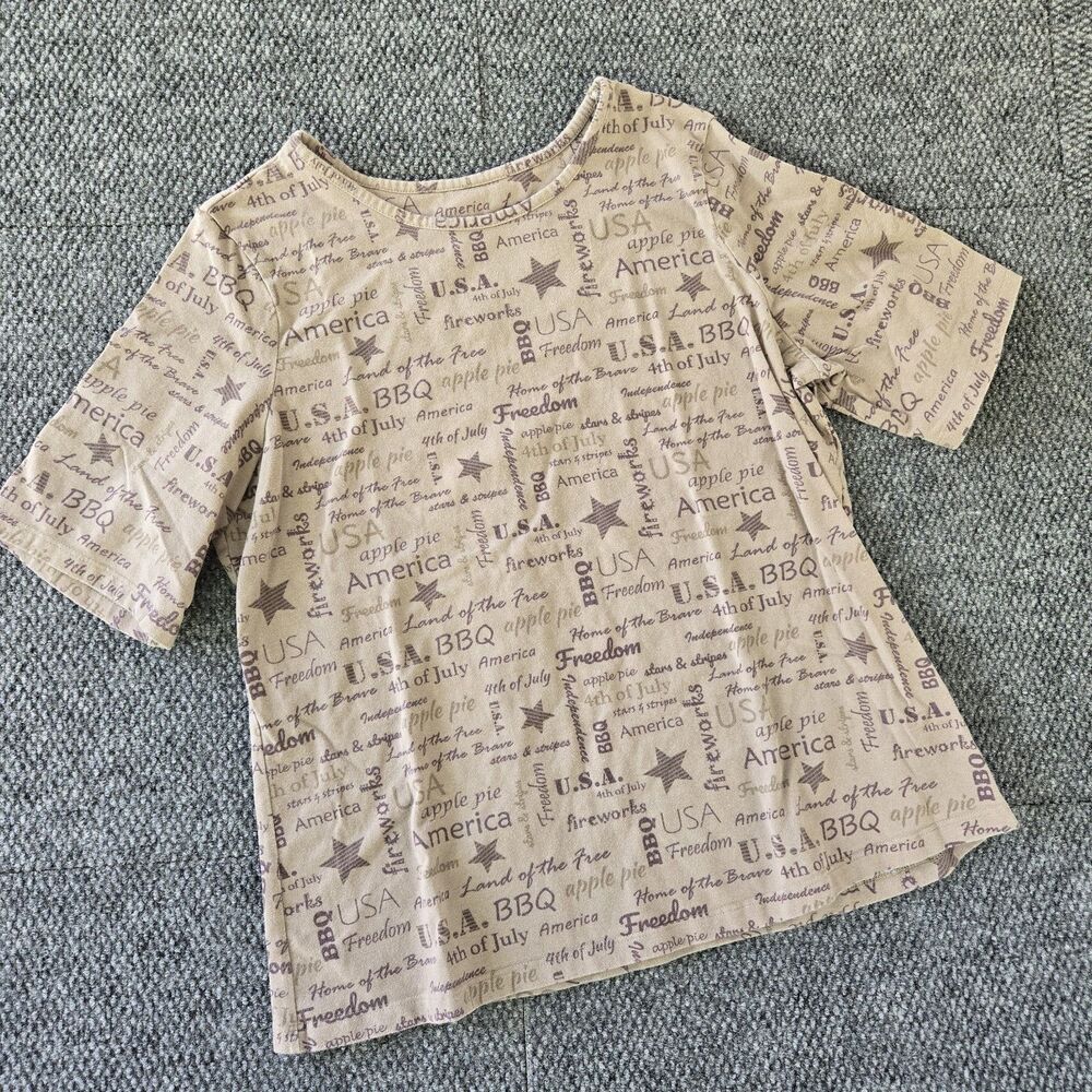 Denim & Co Spell Out Tee Shirt America Elbow Sleeve Top Stone Tan Apple Pie BBQ